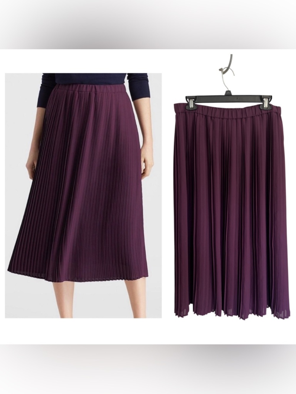 Eileen Fisher knife pleated midi skirt eggplant purple elastic waist sz 6 fall